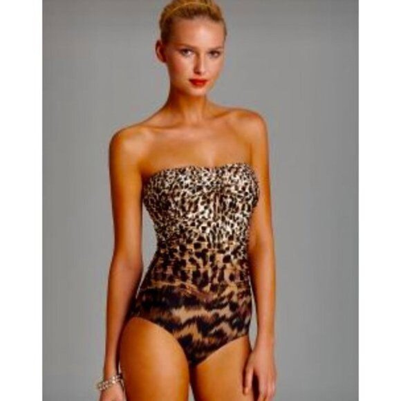 Carmen Marc Valvo Zanzibar Leopard-Print Shirred Maillot Swimsuit - Picture 1 of 11